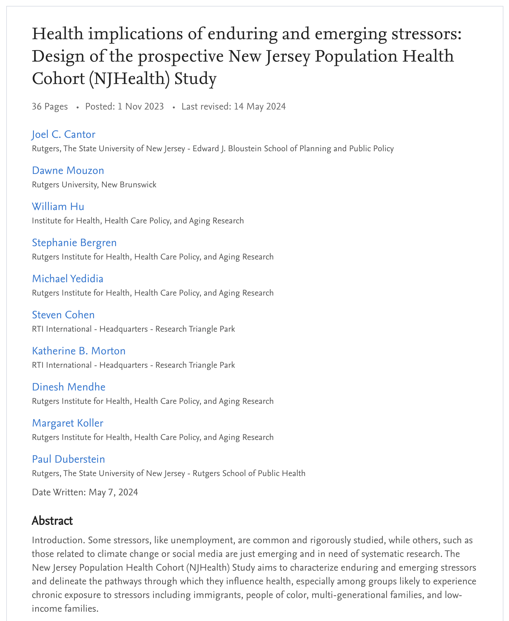 Health implications of enduring and emerging stressors: Design of the prospective New Jersey Population Health Cohort (NJHealth) Study